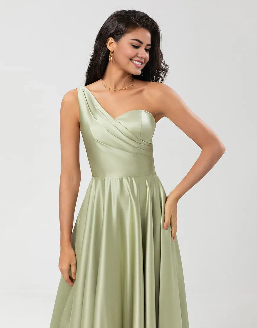 A-Line One Shoulder Satin Green Pleats Satin Bridesmaid Dress with Pockets