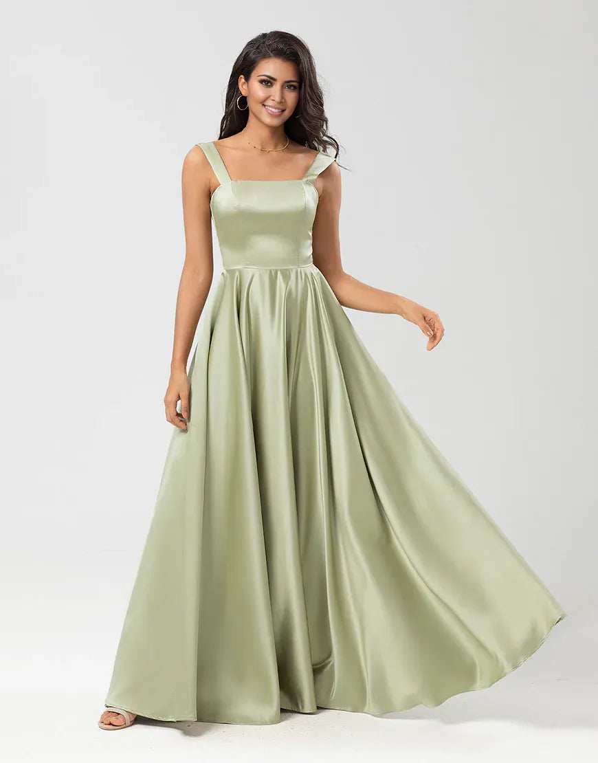 Satin A Line Green Square Neck  Sleeveless Bridesmaid Dress with Pockets