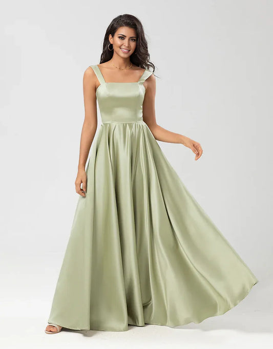 Satin A Line Green Square Neck  Sleeveless Bridesmaid Dress with Pockets