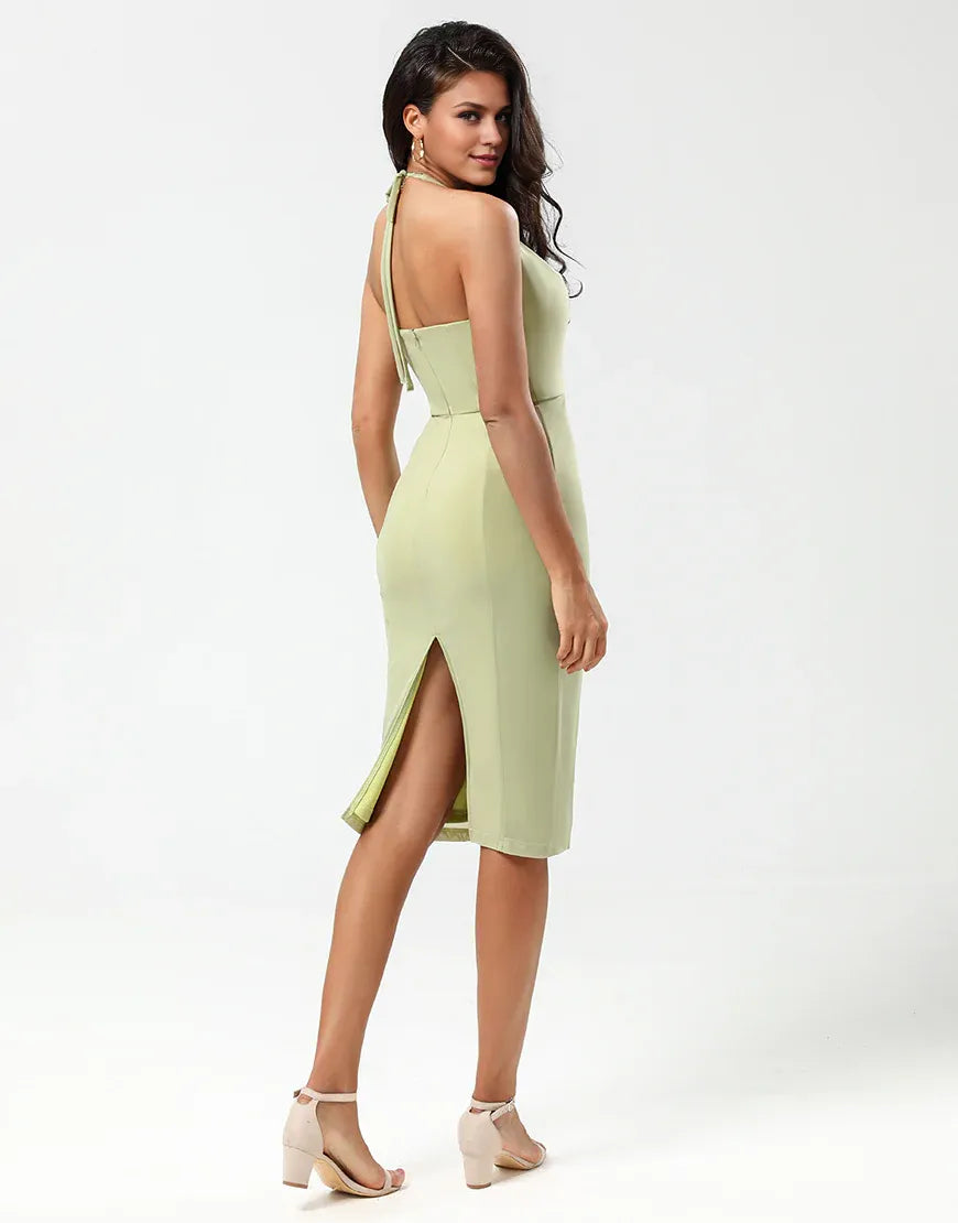 Halter Dusty Sage Slim-fit Chiffon Bridesmaid Dress with Slit