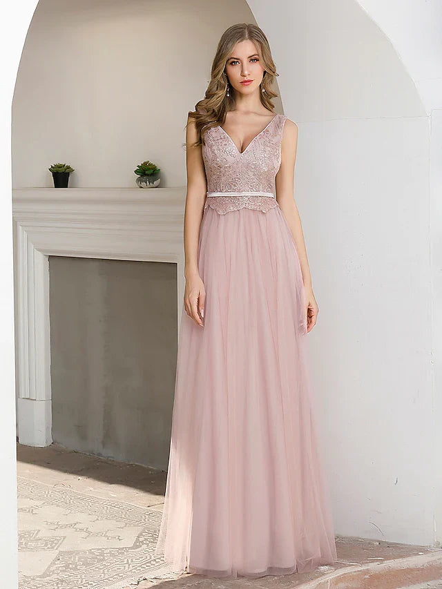 A-Line Evening Gown Elegant Dress Wedding Guest Floor Length Sleeveless V Neck Satin V Back with Sash / Ribbon Sequin