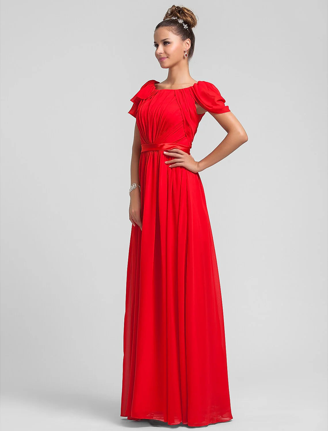 Sheath / Column Square Neck Floor Length Chiffon Bridesmaid Dress with Side Draping