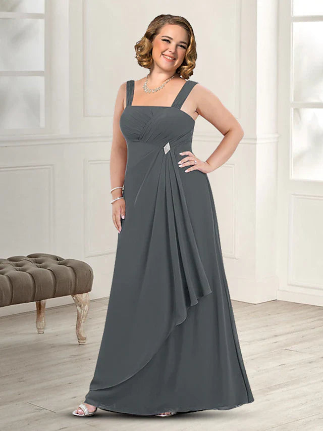 Two Piece A-Line Mother of the Bride Dress Plus Size Elegant Square Neck Floor Length Chiffon Sleeveless Jacket Dresses with Pleats