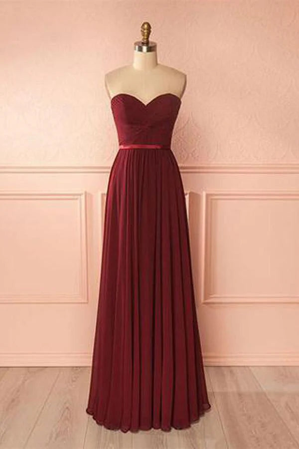 Sweetheart Neck Chiffon Burgundy Long Prom Dress Bridesmaid Dress