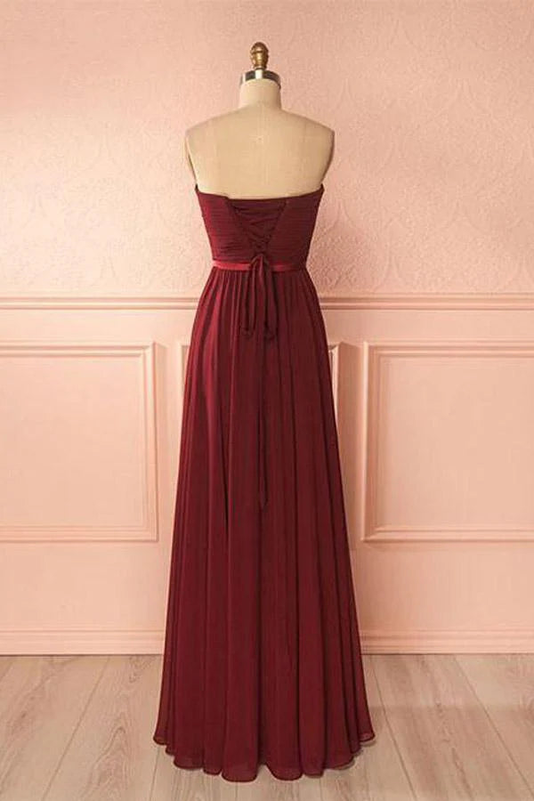 Sweetheart Neck Chiffon Burgundy Long Prom Dress Bridesmaid Dress