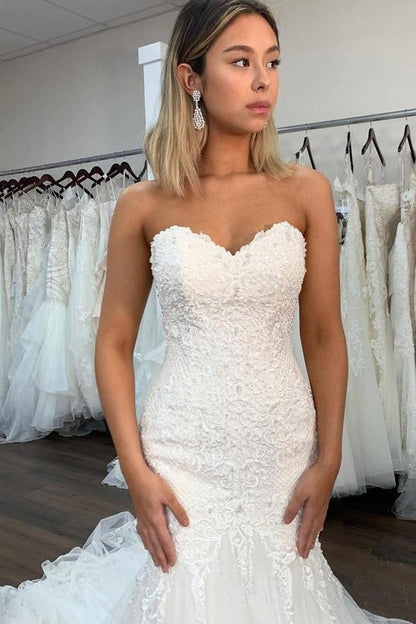 Sweetheart Neckline Sexy Lace Mermaid Wedding Dresses With Ruffles