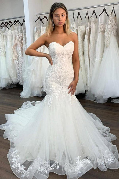 Sweetheart Neckline Sexy Lace Mermaid Wedding Dresses With Ruffles