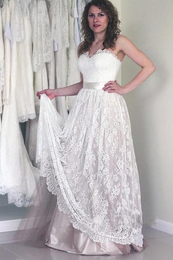 Sweetheart Sleeveless Long White Wedding Dress with Lace