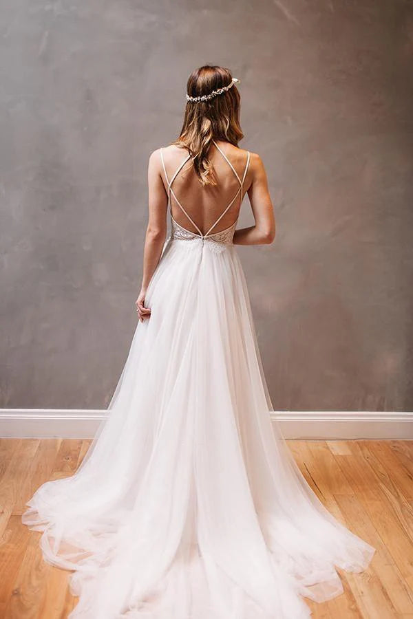 Sweetheart Straps White Chiffon Wedding Dress with Beading