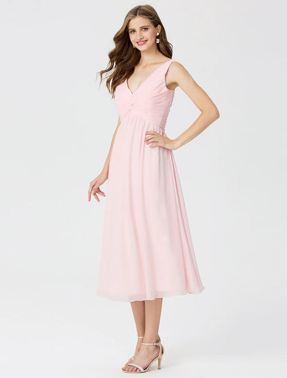 Ball Gown / A-Line V Neck Tea Length Chiffon Bridesmaid Dress with Criss Cross / Beading