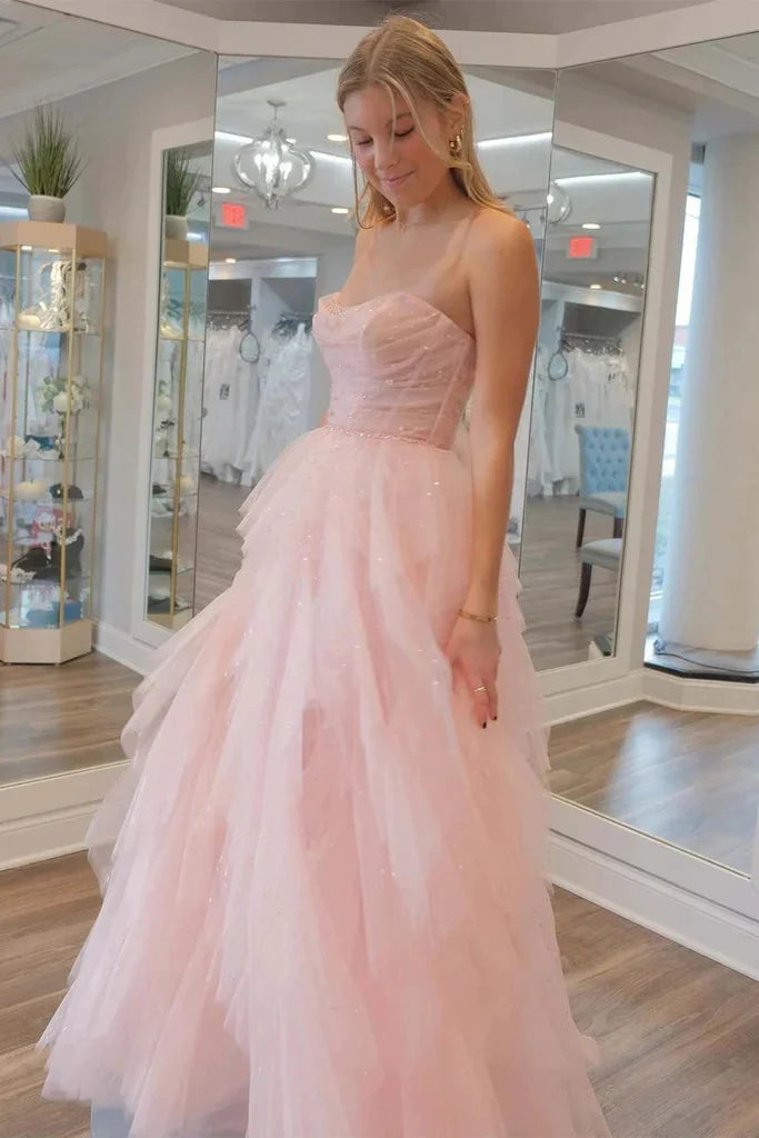 Strapless Light Sequin Beaded Tulle Stunning Prom Dress