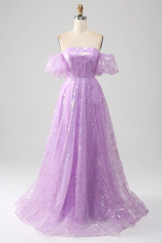 Lilac A Line Strapless Sparkly Sequin Detachable Sleeves Long Prom Dress