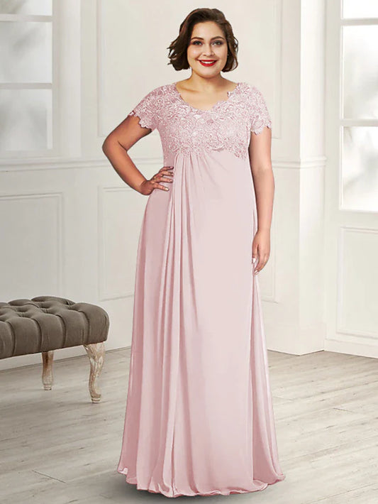 A-Line Mother of the Bride Dress Plus Size Elegant Jewel Neck Floor Length Chiffon Lace Short Sleeve with Pleats Appliques