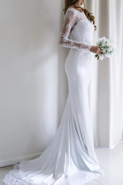 Elegant Lace Long Sleeves Mermaid White Long Wedding Dress with Train