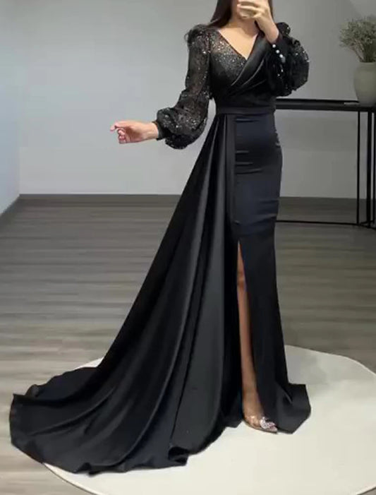 Sheath Mermaid Evening Dress  Formal Black Tie V Neck Party Dress Floor Length Long Sleeve Prom Dress With Buttons Pearls