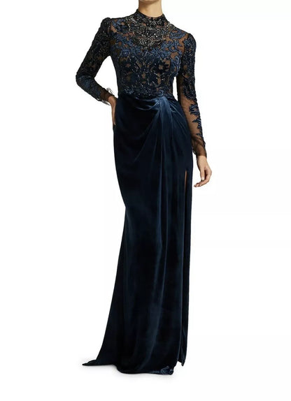 Autumn Winter Wedding Guests Dress Formal Beaded Velvet Long Length Gorgeous Evening Dress