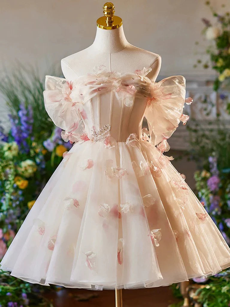 Sweet A-Line Off Shoulder Tulle Short Unique Three dimensional flowers Decorate Prom Dress lovely Homecoming Dress