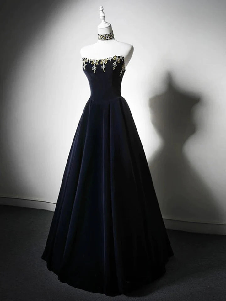 Fashion Simple A-Line Prom Dress Velvet Dark Blue Bead string Long Temperament Dress