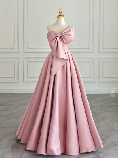 Sweet A-Line Prom Dress Big Bow knot Neck Wrinkle Satin Long Elegant Dress