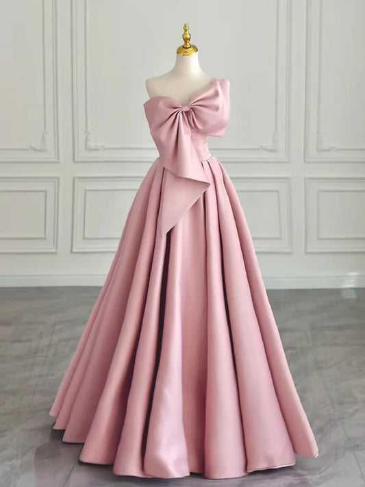 Sweet A-Line Prom Dress Big Bow knot Neck Wrinkle Satin Long Elegant Dress