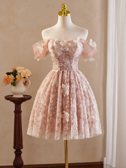 A-Line Prom Dress Off Shoulder Tulle Lace Short Flower Fantastic Dress