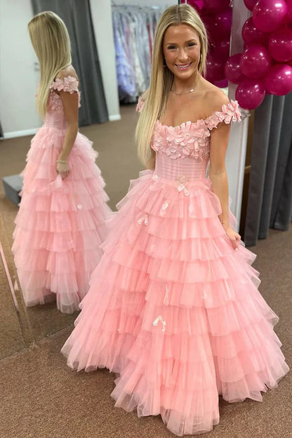 3D Floral Lace Off-the-Shoulder Ruffle Tiered Prom Dress