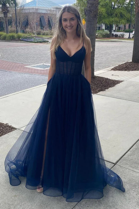 A Line Spaghetti Straps Hot Pink Long Tulle Prom Dress