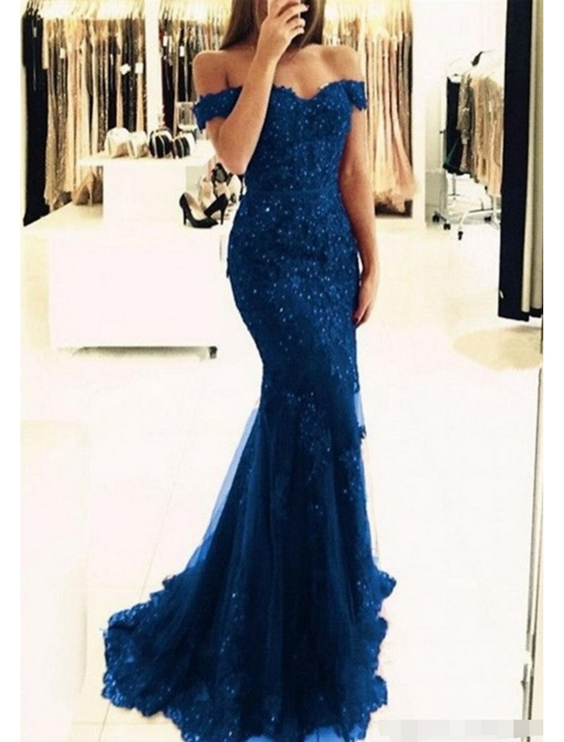 Sheath Mermaid Glitter Sparking Sequins Off the Shoulder Prom Formal Evening Dress Short Sleeve Sweep Train Prom Dress with Appliques