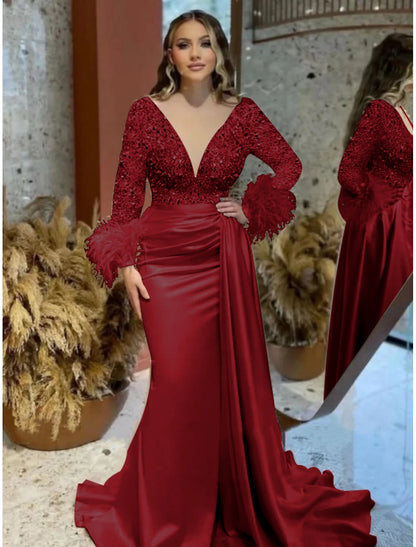 Sheath Trumpet Mermaid  Formal Wedding Court Train V Neck Long Sleeve  Satin Prom Dress with Feather Glitter Ruched