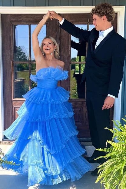 Charming A Line Strapless  Long Prom Dress with Ruffles