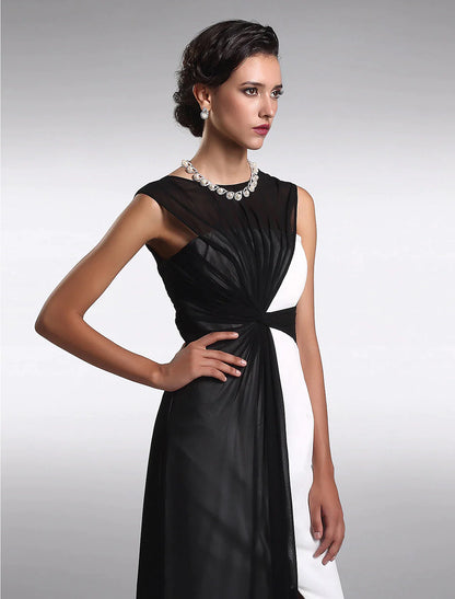 Sheath / Column Little Black Prom Dress Wedding Guest Floor Length Sleeveless Jewel Neck Georgette V Back with Ruched