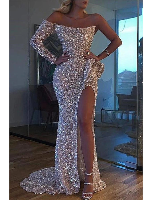 Sheath Sleek Glitter Sparking Sequins Evening Gown Long Sleeve One Shoulder Formal Party Dress  with Slit