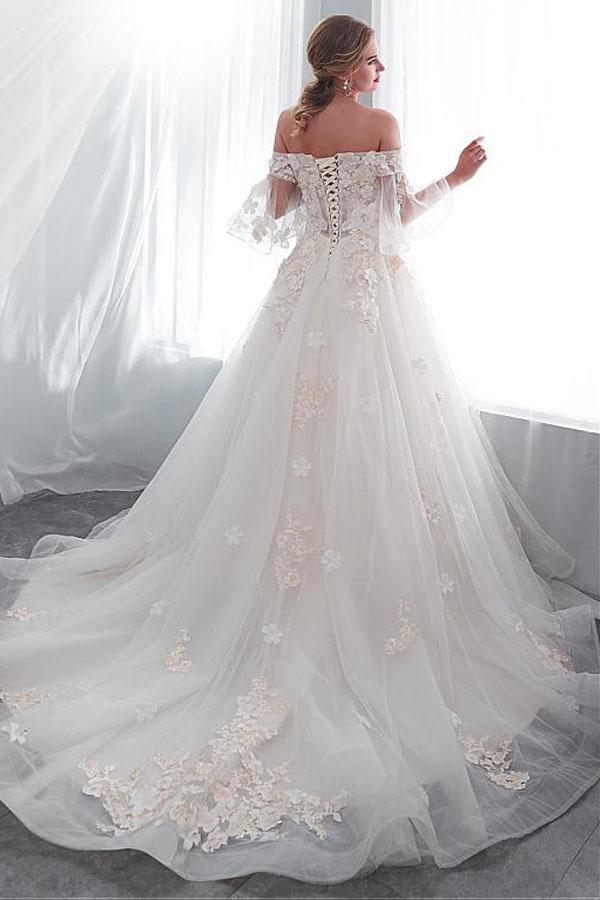 Tulle Off-the-shoulder Neckline A-line Wedding Dress With Lace Appliques