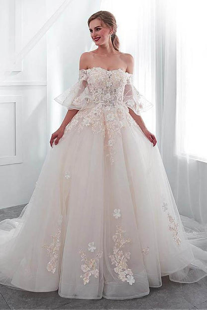 Tulle Off-the-shoulder Neckline A-line Wedding Dress With Lace Appliques