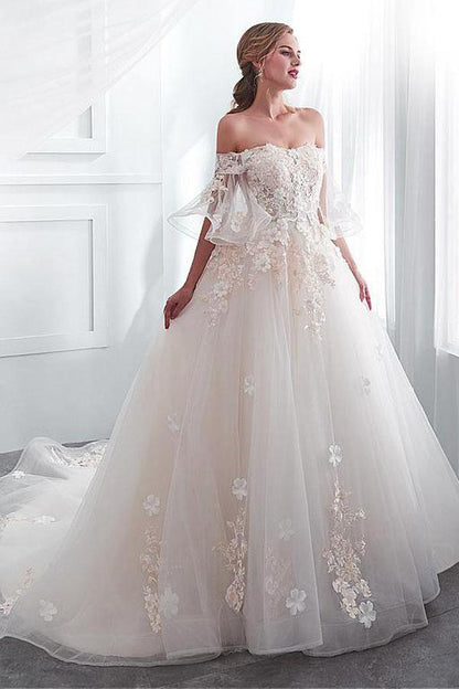 Tulle Off-the-shoulder Neckline A-line Wedding Dress With Lace Appliques