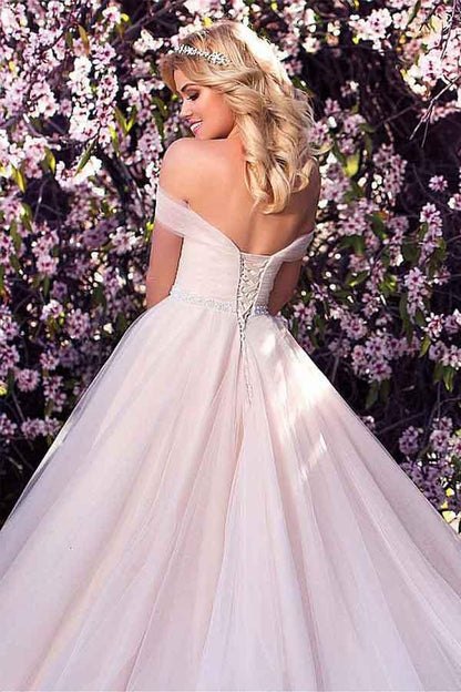 Tulle Off-the-shoulder Neckline A-line Wedding Dress With Beading