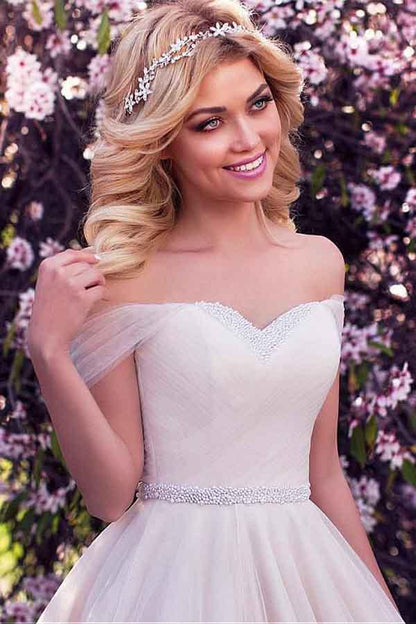 Tulle Off-the-shoulder Neckline A-line Wedding Dress With Beading