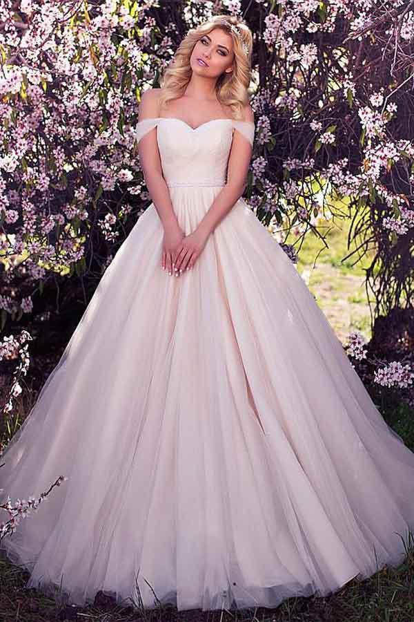 Tulle Off-the-shoulder Neckline A-line Wedding Dress With Beading