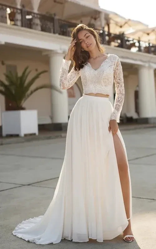 Two Pieces V-neck Bridal Gown Chiffon with Beach Sweep Train Lace Long Sleeve Zipper