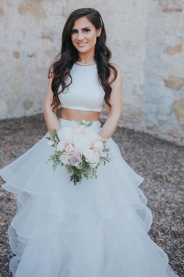 Two Piece White Wedding Dresses Ruffle Skirt A-line Wedding Dress