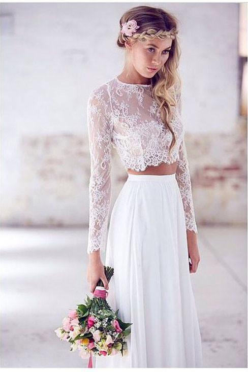 Two Pieces Long Sleeves Lace White Beach Wedding Bridal Dresses