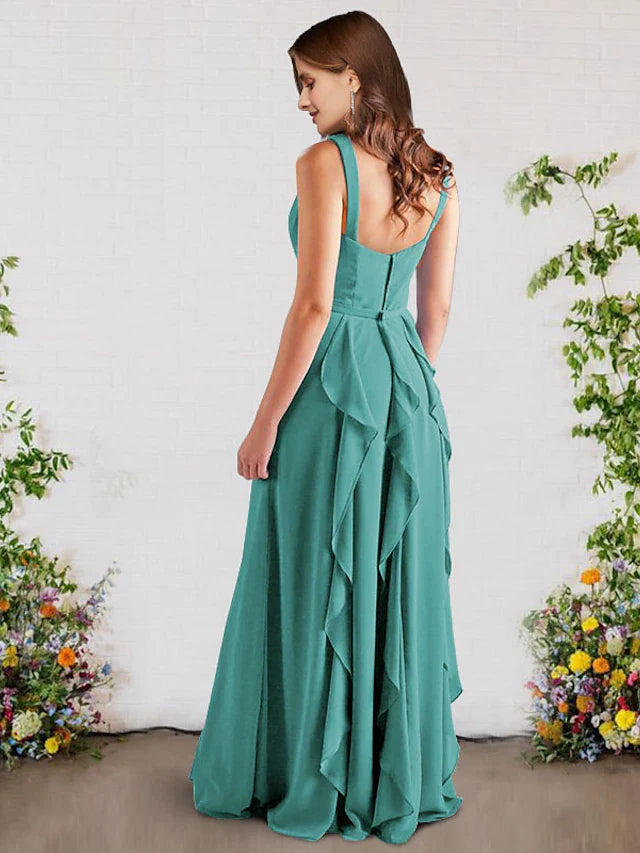 A-Line Bridesmaid Dress V Neck Sleeveless Elegant Floor Length Chiffon with Ruffles