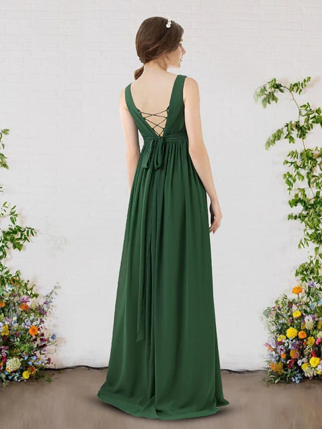 A-Line Bridesmaid Dress V Neck Sleeveless Sexy Sweep / Brush Train Chiffon with Pleats