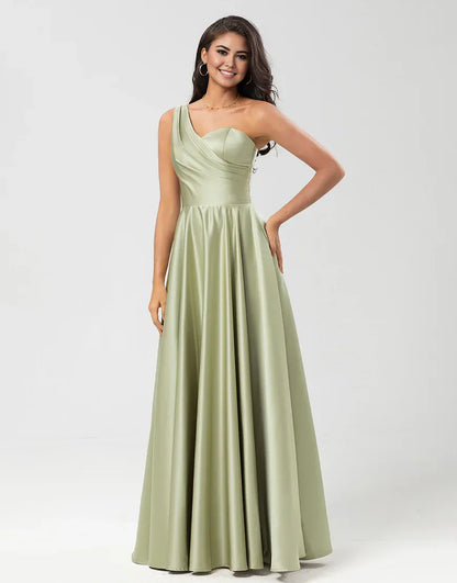 A-Line One Shoulder Satin Green Pleats Satin Bridesmaid Dress with Pockets