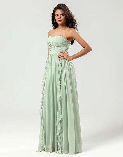 Strapless A Line Off-the-Shoulder Chiffon Green Bridesmaid Dress with Pleated