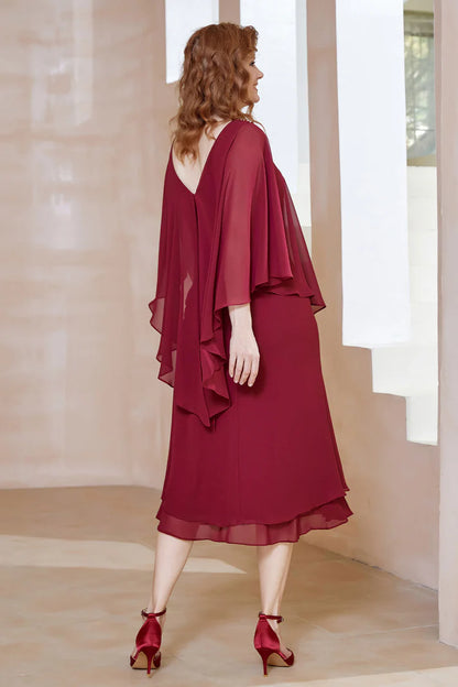 Fall Wedding Guest Dress November Mother of the Bride Dress Sheath Beaded V-neck Flutter Sleeves Irregular Chiffon Dress