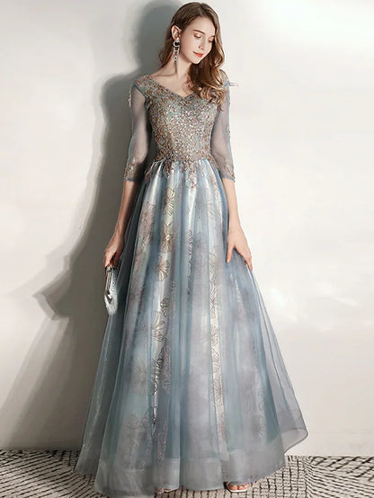 A-Line Prom Dresses Elegant Dress Engagement Floor Length Half Sleeve V Neck Tulle with Pleats Pattern / Print Appliques