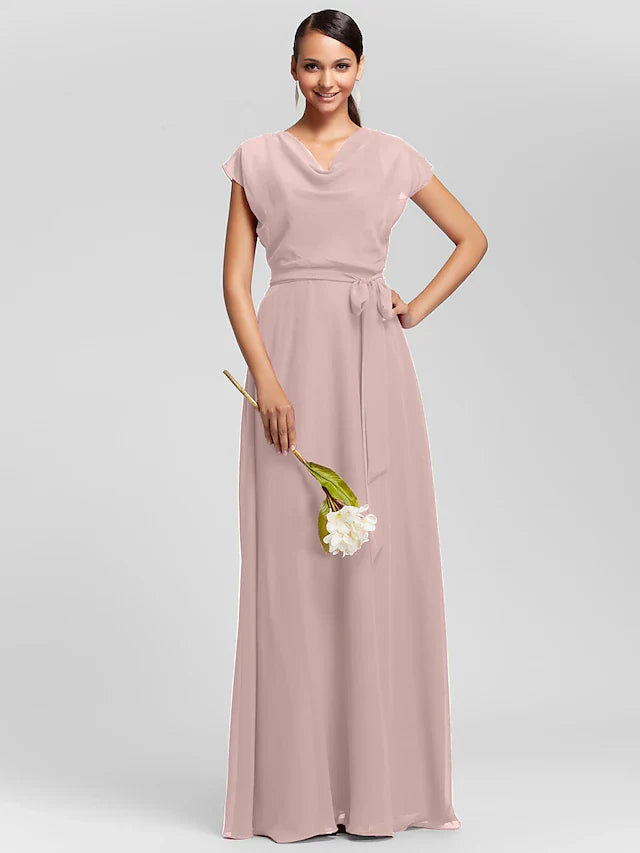 Sheath / Column Bridesmaid Dress Cowl Neck Short Sleeve Elegant Floor Length Chiffon with Sash / Ribbon / Draping