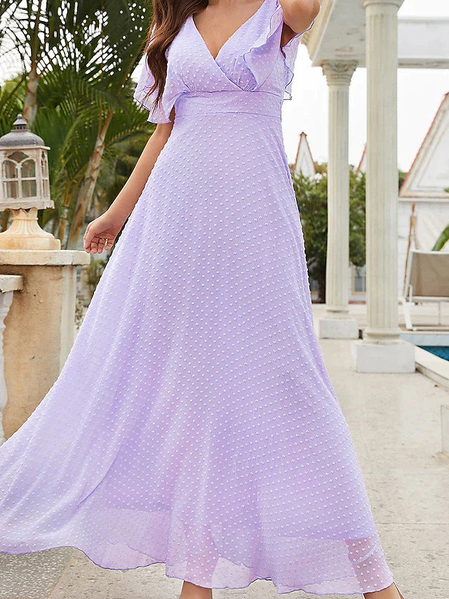 A-Line Wedding Guest Dresses Elegant Dress Party Wear Ankle Length Short Sleeve V Neck Chiffon with Ruffles Strappy