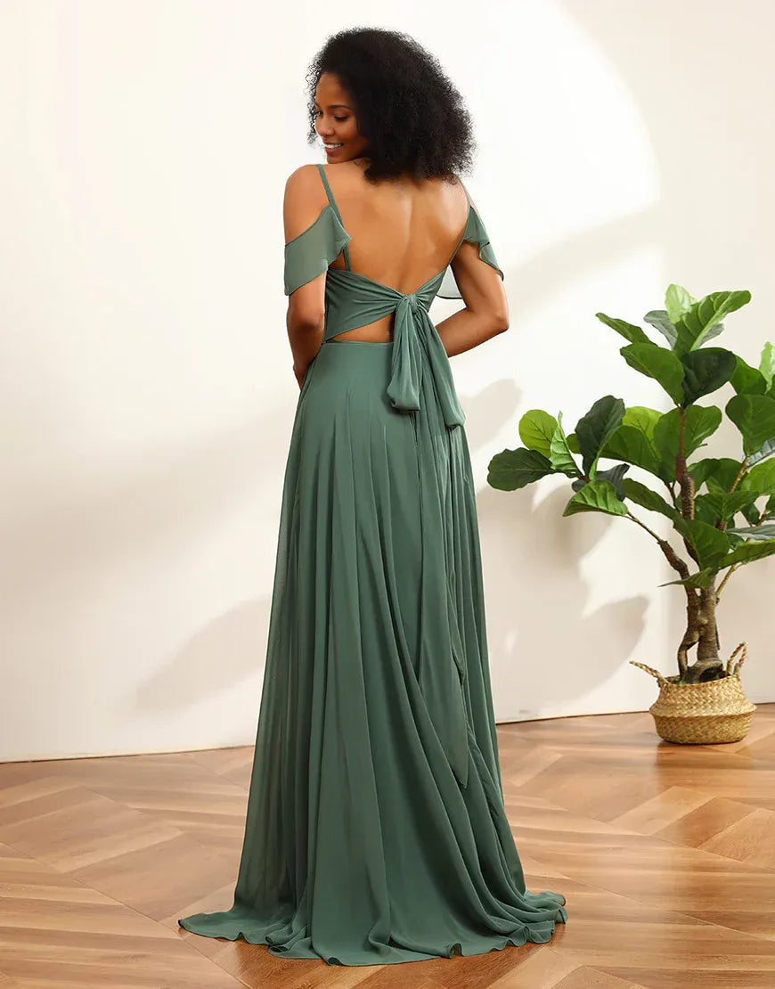 Eucalyptus Ruched V-Neck Spaghetti Strap Lace-Up Back Long Chiffon Bridesmaid Dress